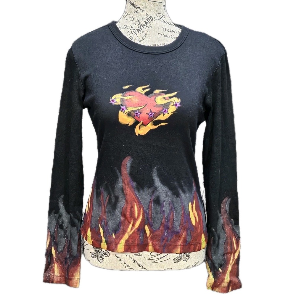 FANG Vtg Y2K Flame Heart Graphic‎ Tee Womens L Black LS 90s Goth Cyber Grunge